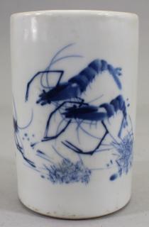 Appraisal: Signed Chinese Brushpot w Cobalt Shrimp Motif Signed Chinese Brushpot