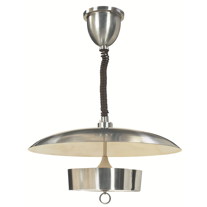 Appraisal: Industrial Design hanging lamp nickel-plated brass large dome shade with