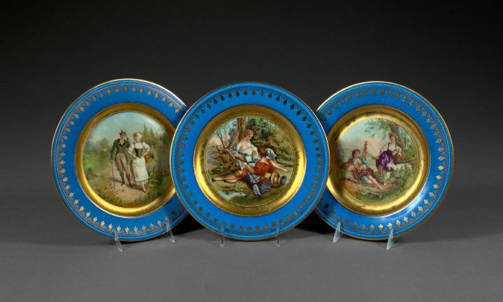 Appraisal: Trio of Richly Gilded Periwinkle Blue-Bordered Vienna Porcelain Cabinet Plates