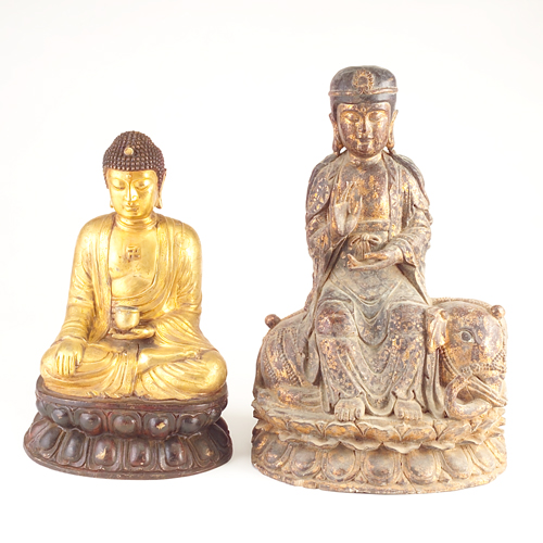 Appraisal: Two Chinese figures one bronze one carved wood tallest