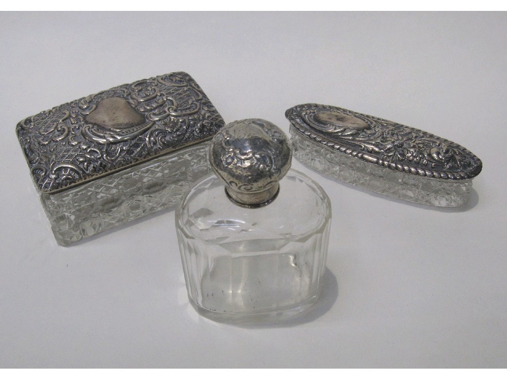 Appraisal: Lot comprising two silver topped pin dishes and a silver