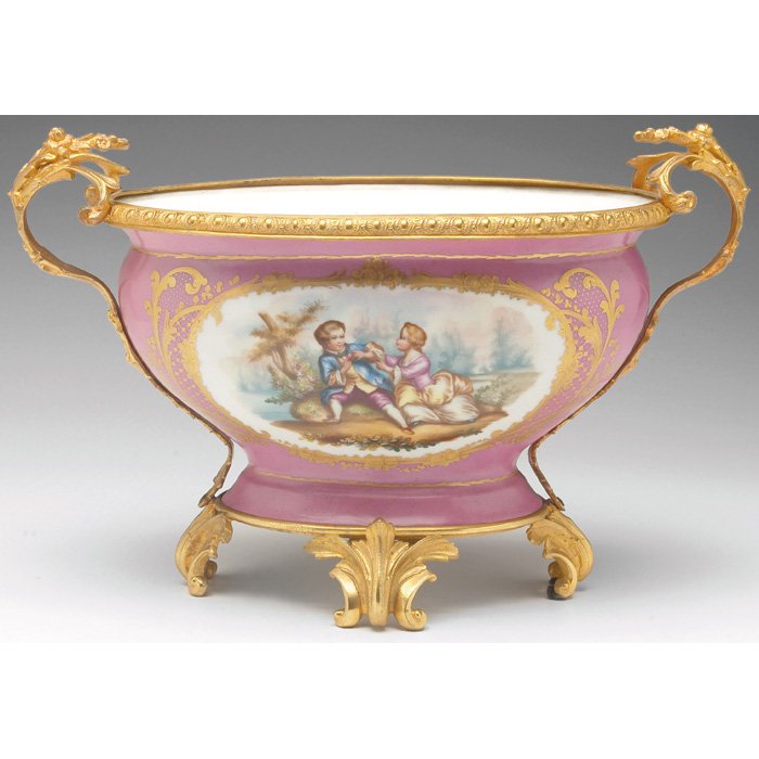 Appraisal: Sevres centerpiece bowl double handled form with pink porcelain painted