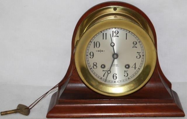 Appraisal: CHELSEA SHIP S BELL CLOCK BRASS CASE WITHMAHOGANY MOUNT CLOCK