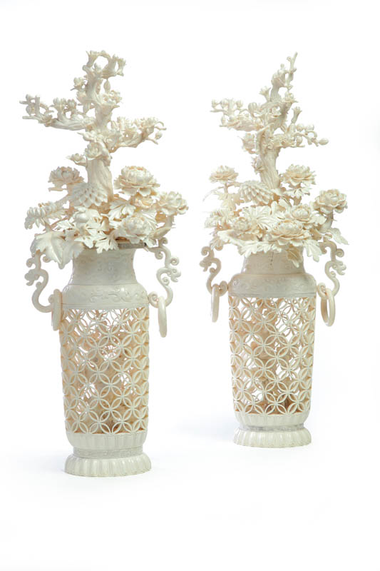 Appraisal: PAIR OF IVORY FLORAL ARRANGEMENTS Peking China st half- th