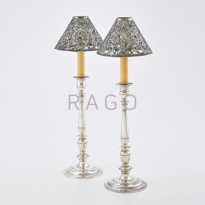 Appraisal: TIFFANY CO STERLING CANDLESTICKS WITH SHADES Baluster form candlesticks -