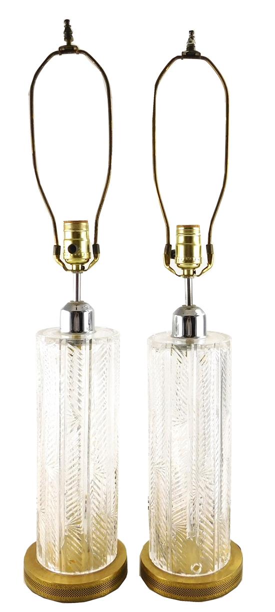 Appraisal: Waterford pair of cut glass cylindrical lamps on round brass