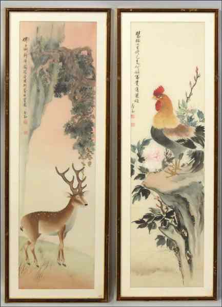 Appraisal: TWO FRAMED CHINESE PAINTINGS Each on silk depicting a deer