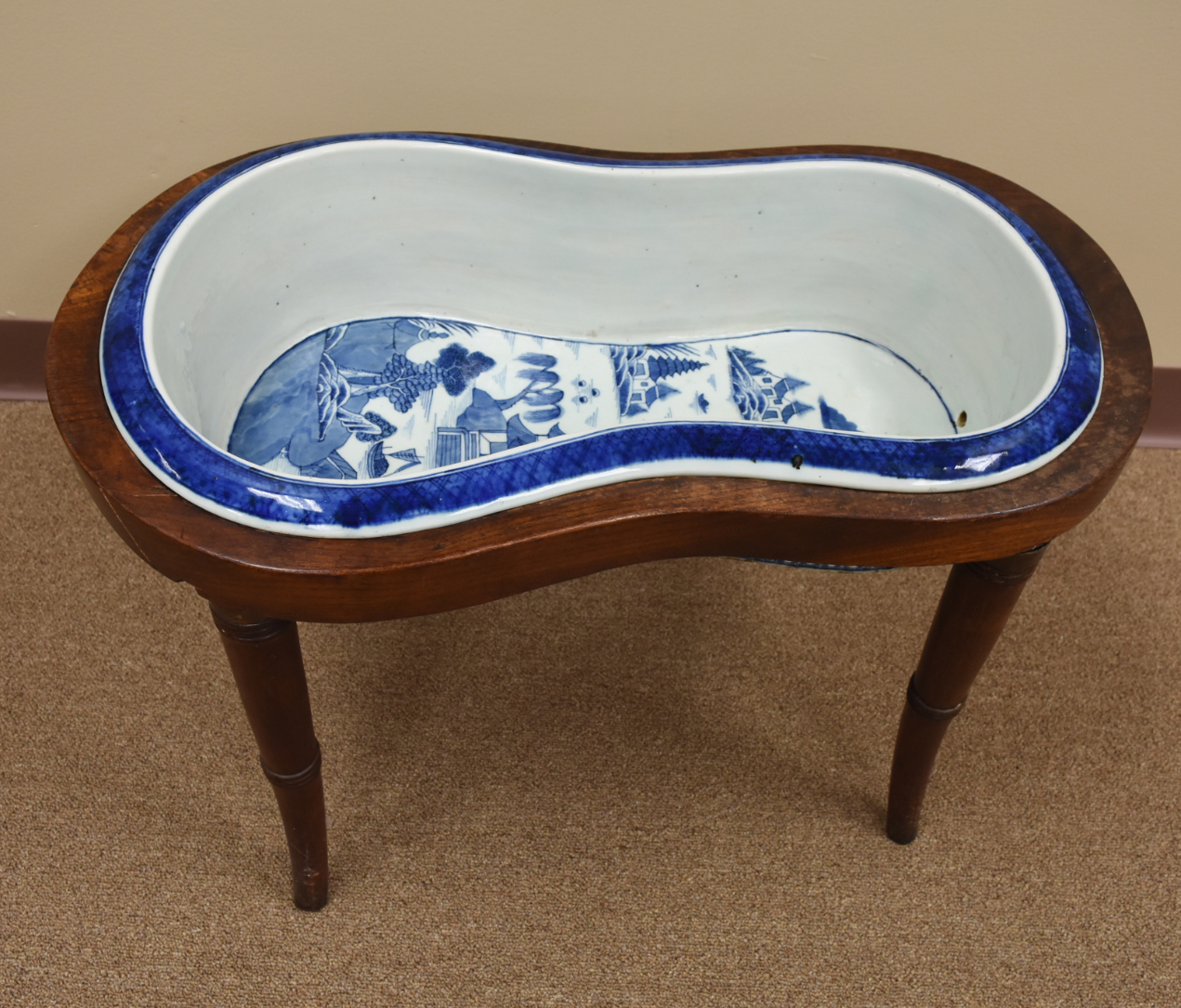 Appraisal: CHINESE BLUE WHITE BABY BATH TUBE W WOOD STAND Chinese