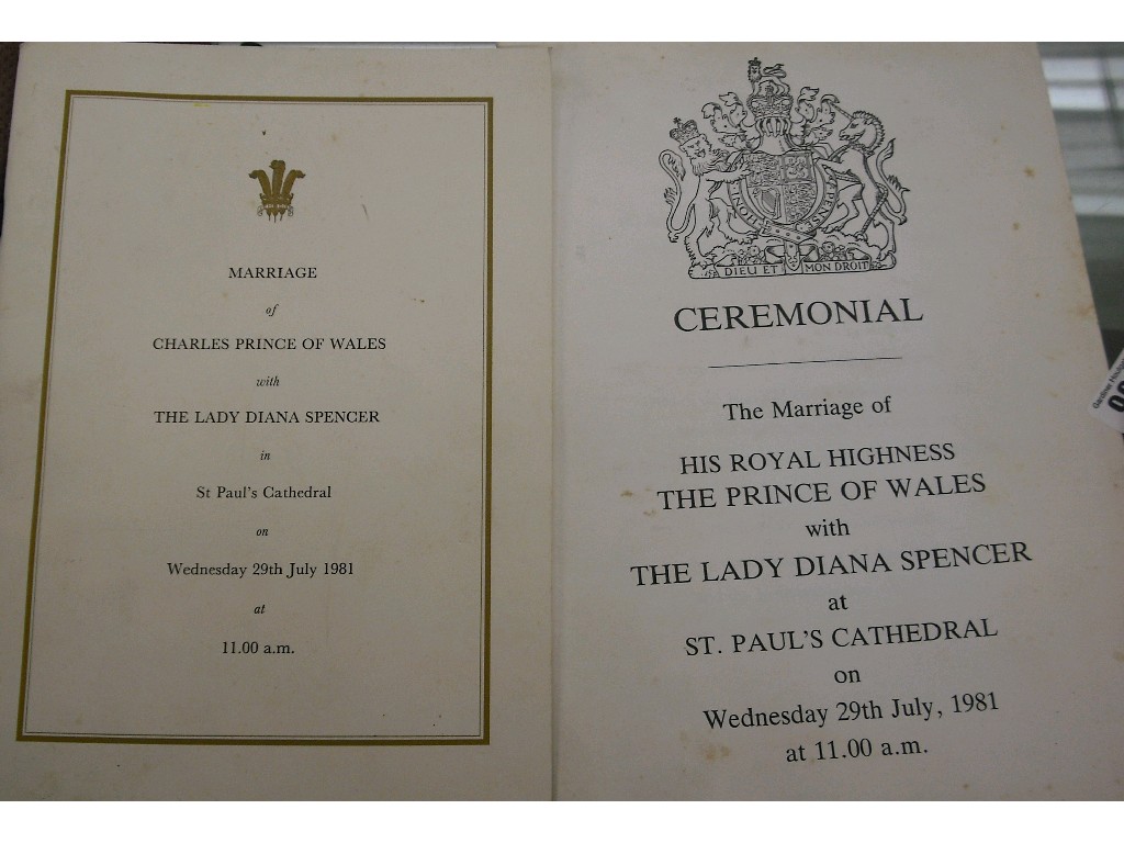 Appraisal: Prince Charles and Diana marriage Order of Service and Ceremonial