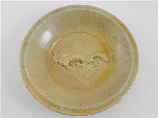 Appraisal: ASIAN Ming dynasty bowl crackled olive glaze bas relief of