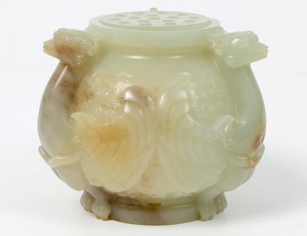 Appraisal: CHINESE JADE COVERED CENSER The spherical pale green vessel with