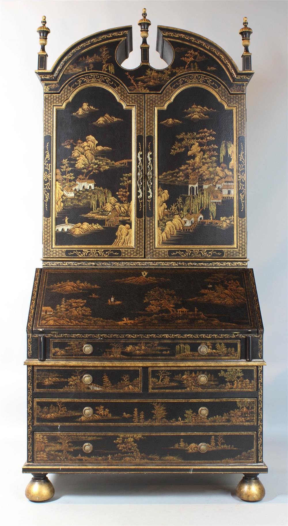 Appraisal: GEORGIAN STYLE BLACK AND GOLD CHINOISERIE DECORATED SECRETARY BOOKCASE swan