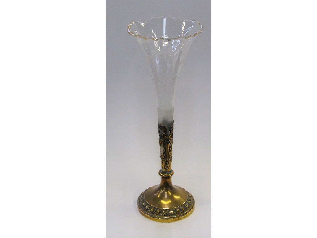 Appraisal: Etched glass flute vase in cast brass stand