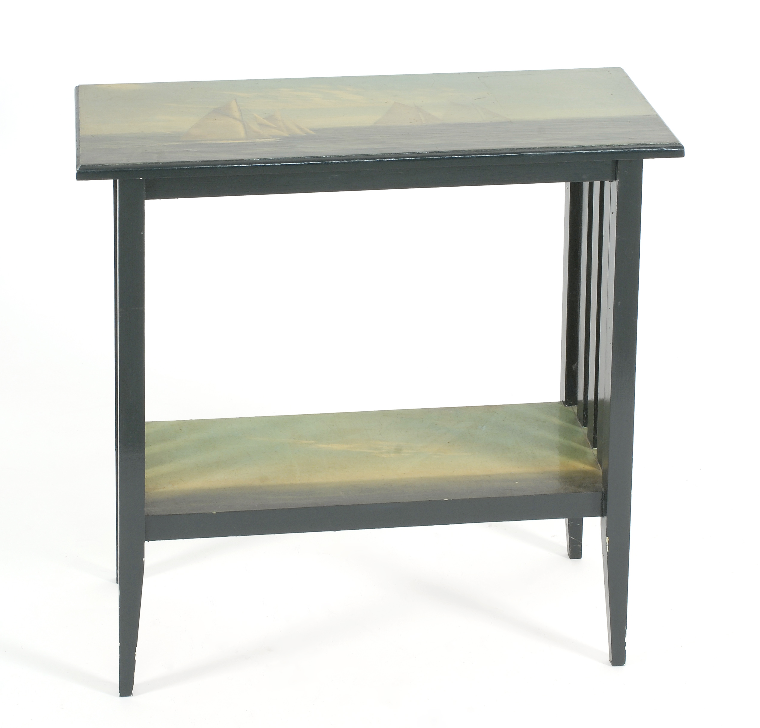 Appraisal: SUSAN CHADWICKMartha's Vineyard ContemporaryTwo-tier table with painted decoration on a