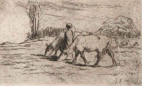 Appraisal: Two Cows Millet Jean-Francois French - Drypoint Etching x inches