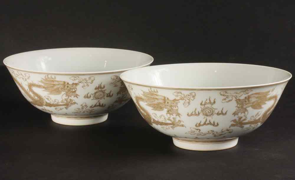 Appraisal: PAIR QING DYNASTY BOWLS - Pair Chinese Gold Dragon Decorated