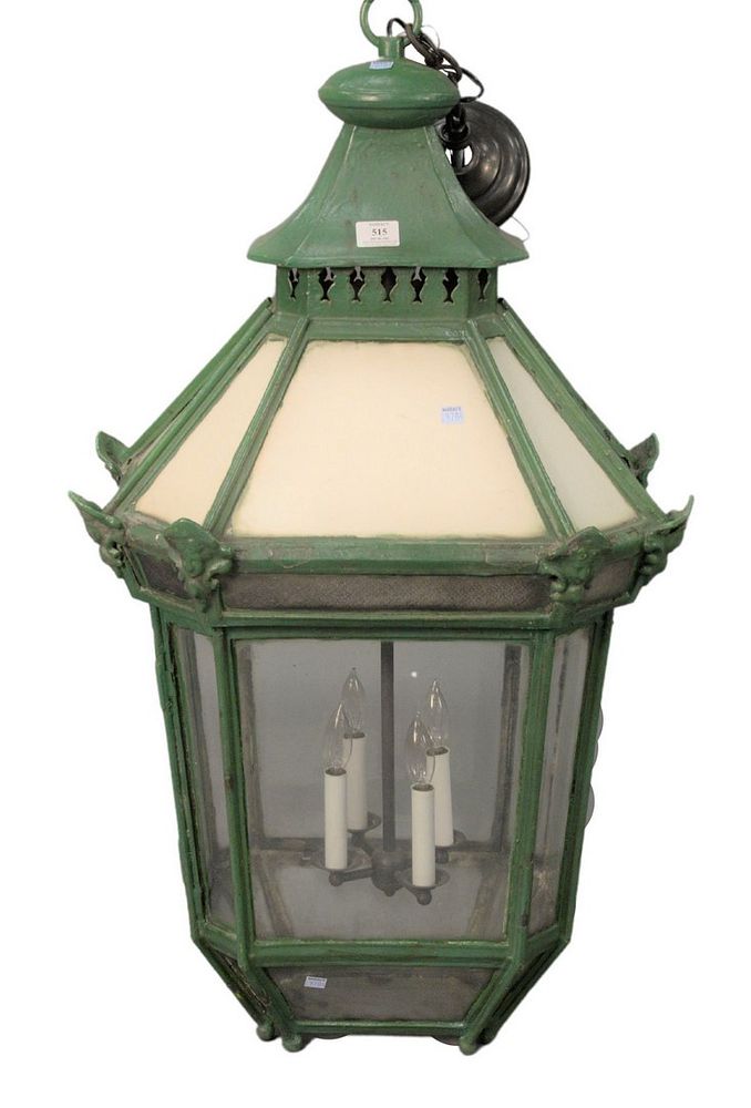 Appraisal: Large Iron and Glass Street Hanging Light green painted having