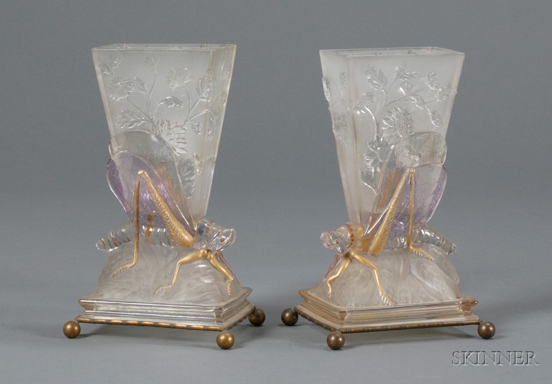 Appraisal: Pair of Baccarat Grasshopper Vases Glass and brass France th