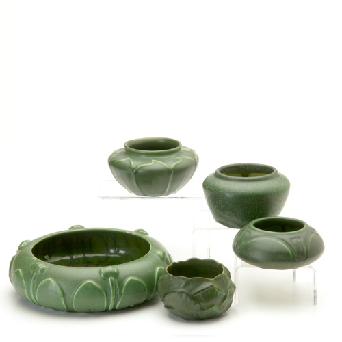 Appraisal: HAMPSHIRE Five bowls covered in matte green glaze All marked