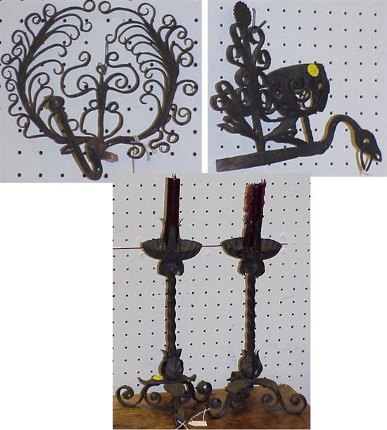 Appraisal: Wrought iron including wall mount hook with scroll work back