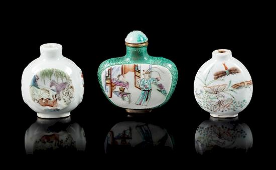 Appraisal: Three Famille Rose Porcelain Snuff Bottles Height of tallest overall