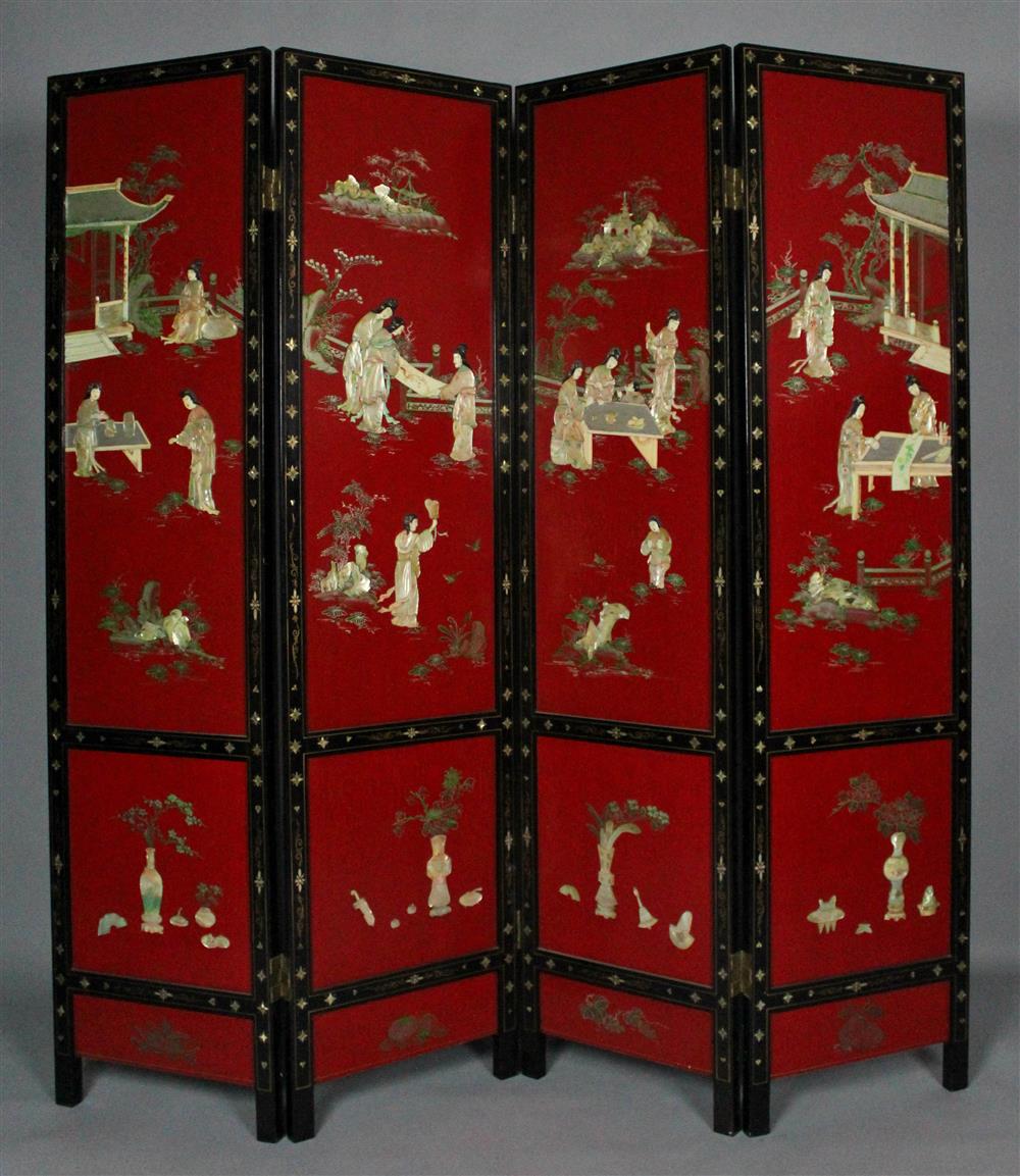 Appraisal: CHINESE MOTHER OF PEARL MOUNTED BLACK AND RED LACQUER FOUR-PANEL