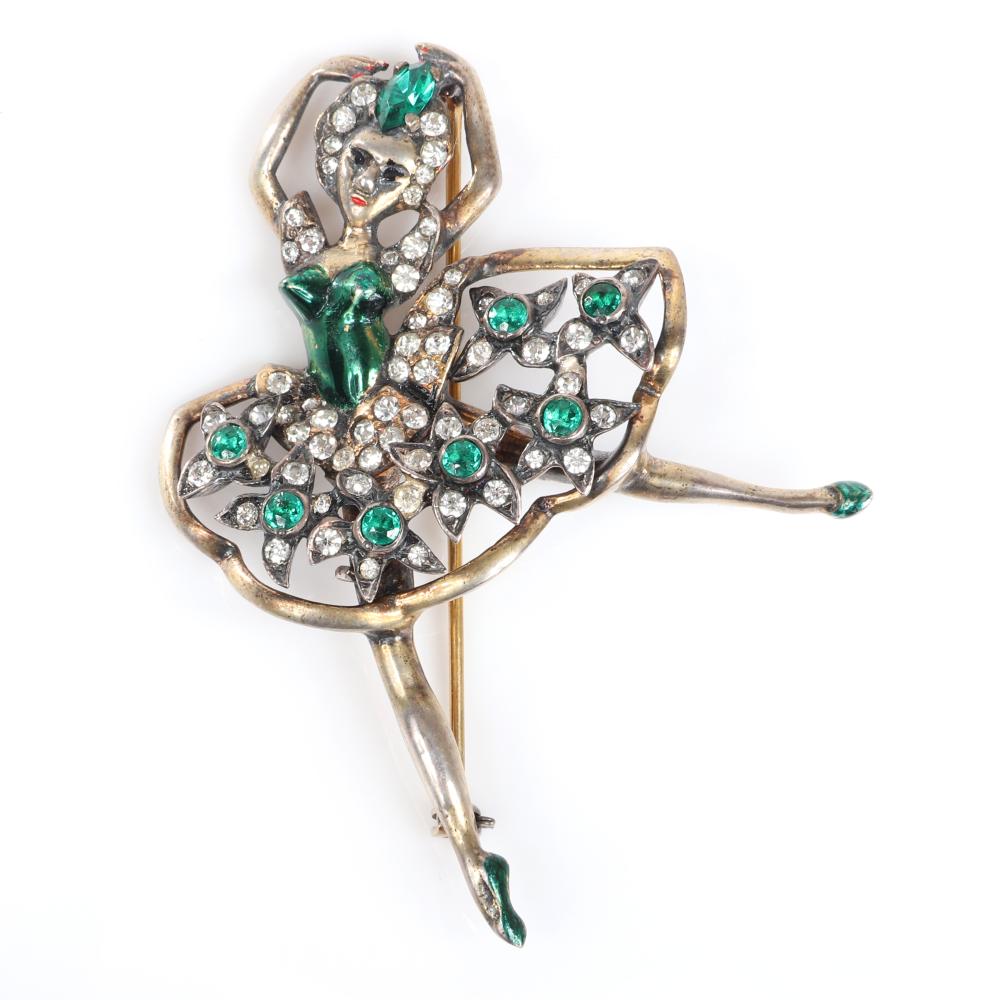 Appraisal: EISENBERG ORIGINAL STERLING VERMEIL OPEN-WORK DANCING BALLERINA BROOCH WITH EMERALD