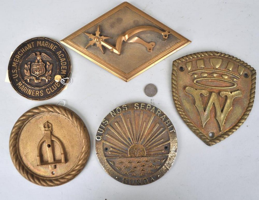 Appraisal: Five Bronze Ship's Badges comprising Sunda sunrise with motto Quis