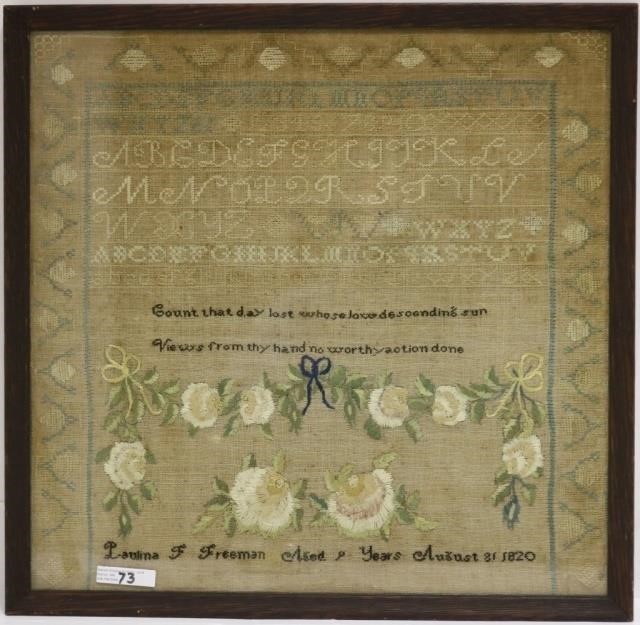 Appraisal: AMERICAN NEEDLEWORK SCHOOLGIRL SAMPLER BYPULINA F FREEMAN AGE WITH GEOMETRIC