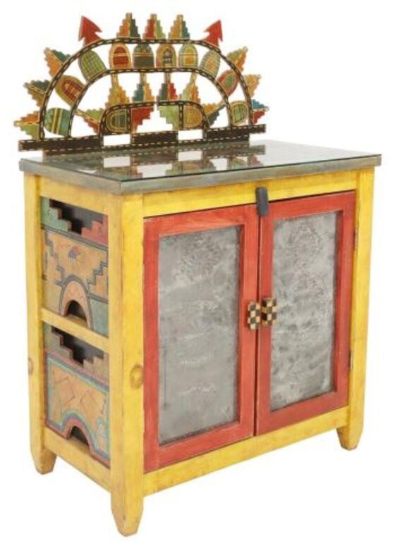 Appraisal: Artisan polychrome painted wood cabinet Gregory Lomayesva Hopi-Hispanic Santa Fe