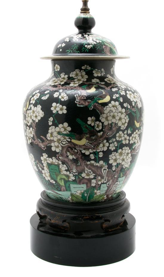 Appraisal: Chinese Lidded Famille Noir Vase of baluster form having enameled