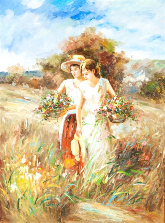 Appraisal: Continental School th century Two Girls Walking Through a Meadow