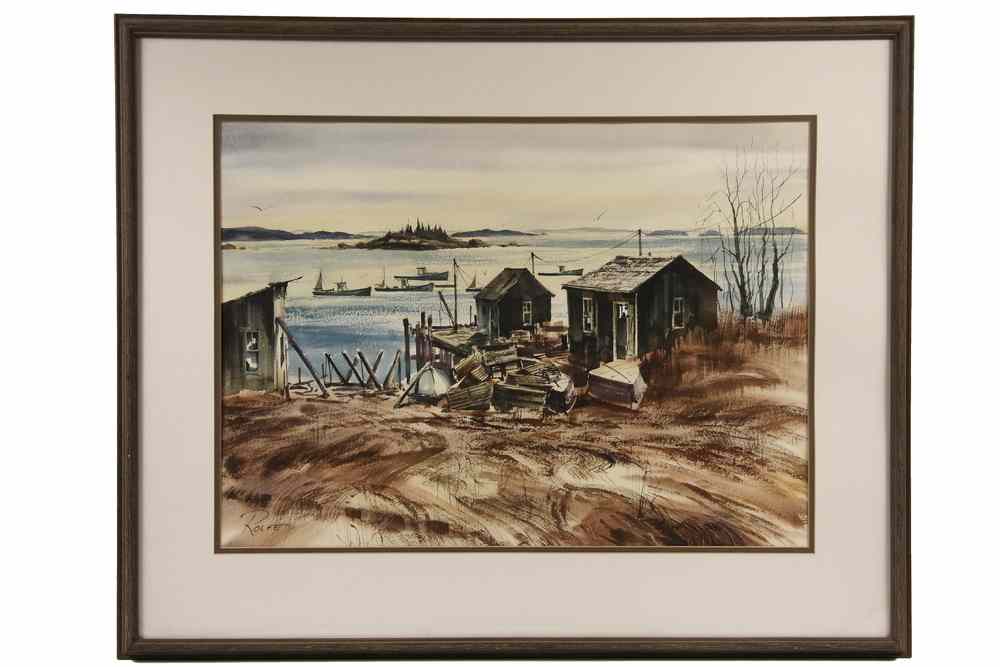 Appraisal: WATERCOLOR - 'Work Shacks' by Peter Rolfe contemporary Wiscasset Maine