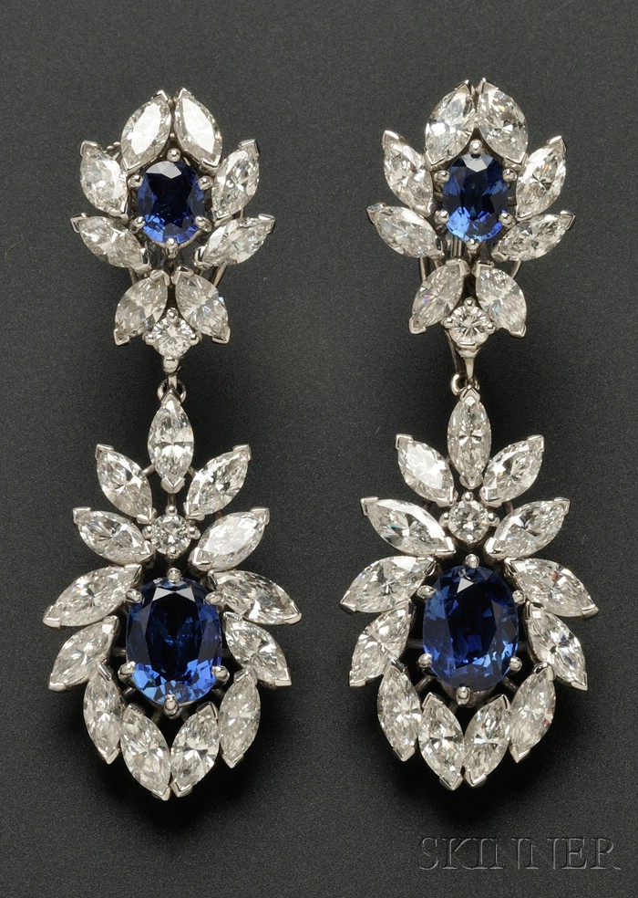 Appraisal: Platinum Sapphire and Diamond Day Night Earpendants set with cushion-shape