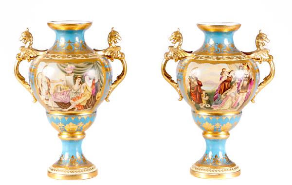 Appraisal: A pair of Vienna style porcelain covered vases height in