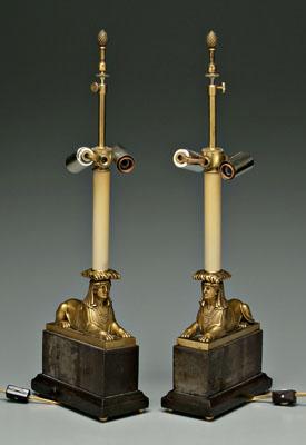 Appraisal: Pair Egyptian style bronze lamp bases recumbent sphinxes polished slate