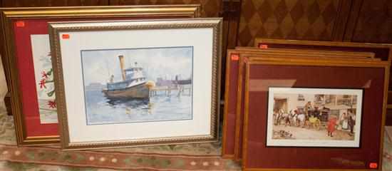 Appraisal: Six framed Charles Dickens prints tugboat watercolor and floral still