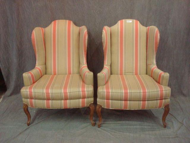 Appraisal: Pair of High Back Chairs with Striped Upholstery From a