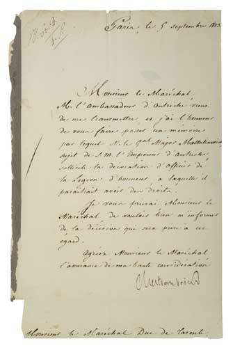 Appraisal: CHATEUBRIAND FRANCOIS RENE DE Letter Signed Chateaubriand to Mar chel