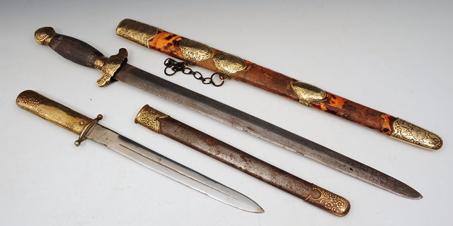 Appraisal: A CHINESE SHORT SWORD with tortoiseshell and brass mounted scabbard