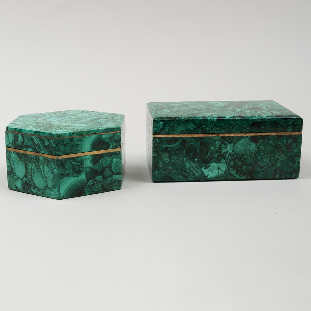 Appraisal: Two Continental Malachite Boxes with Hinged Covers The rectangular x