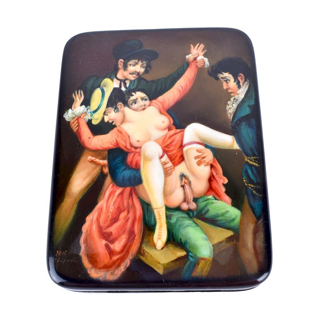 Appraisal: Russian Lacquer Hinged Box With Erotic Scene Russian Lacquer Hinged