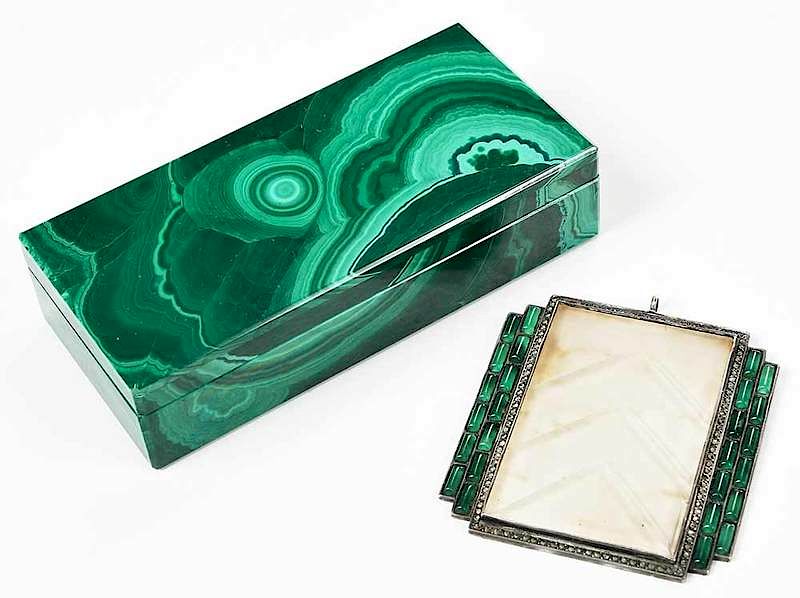 Appraisal: Small Malachite Box Silver and Glass Pendant Continental th century