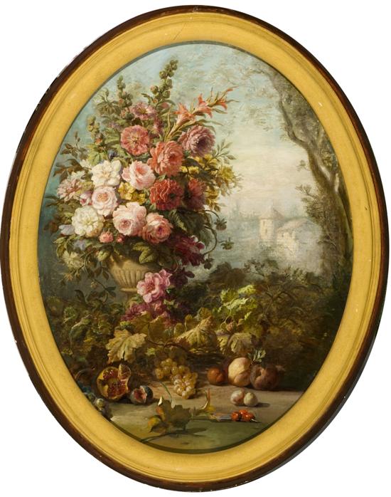 Appraisal: Oil on canvas of still life with flowers and fruit