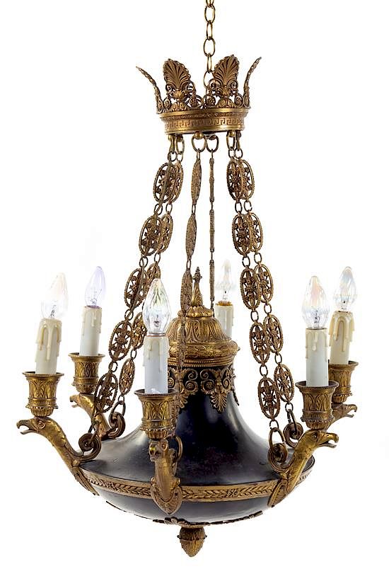 Appraisal: An Empire Style Tole and Gilt Bronze Six-Light Chandelier Height