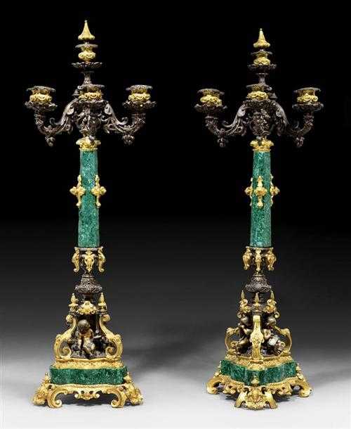 Appraisal: PAIR OF CANDELABRAS AUX ENFANTS Restauration probably Russia circa Malachite