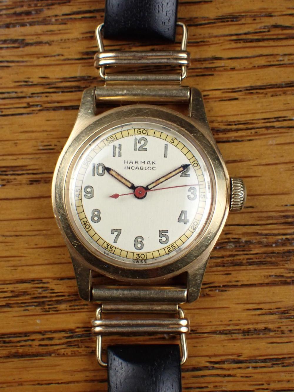 Appraisal: VINTAGE HARMAN INCABLOC WRISTWATCH Swiss c 's round k gold