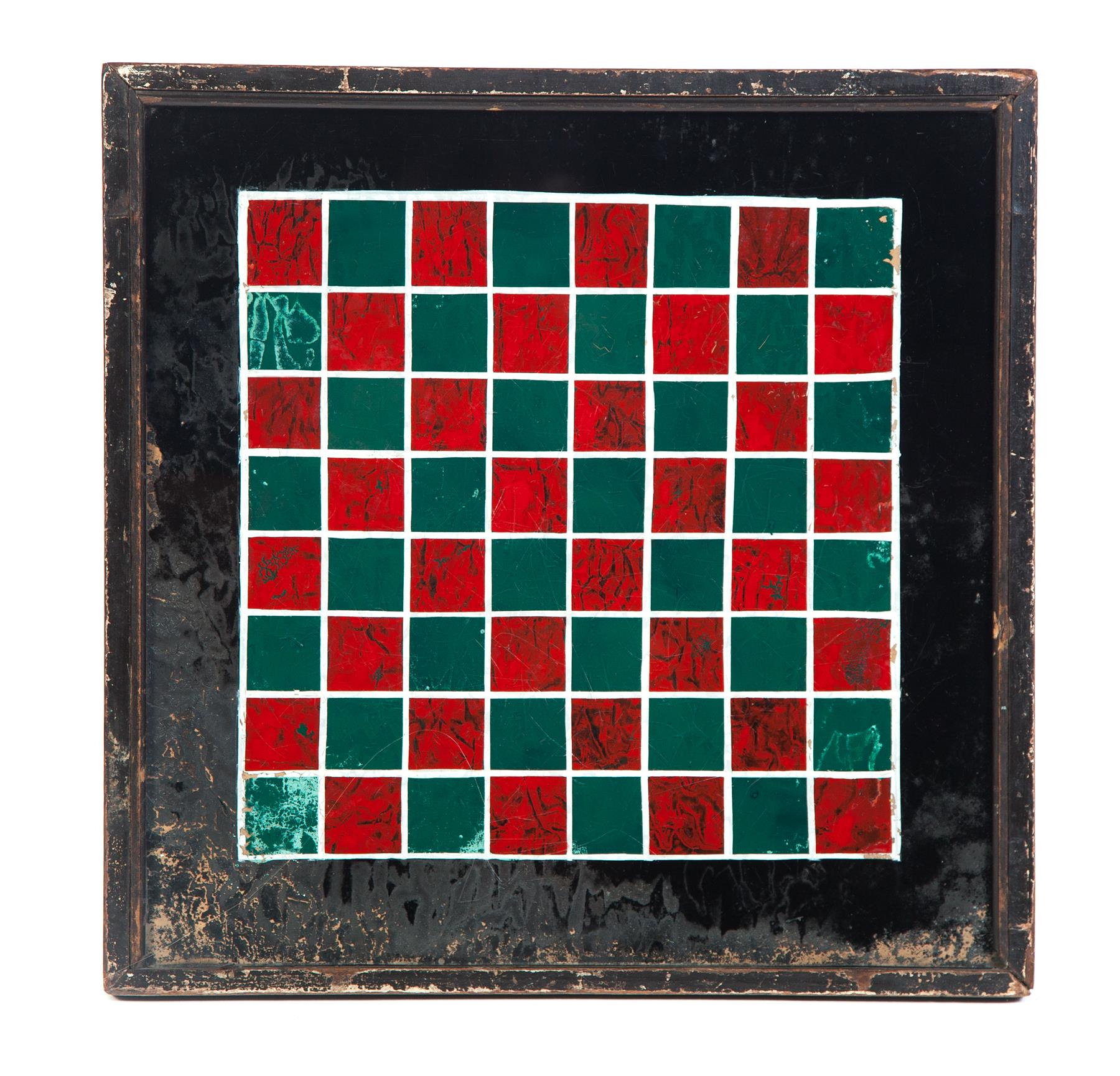 Appraisal: FRAMED REVERSE PAINTED GAMEBOARD American nd half- th century Black-painted