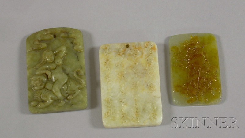 Appraisal: Three Rectangular Carved Jade Pendants including a green mythical beast