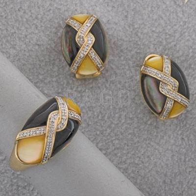 Appraisal: GOLD INLAID MOTHER-OF-PEARL AND DIAMOND JEWELRY Ring and earrings yellow